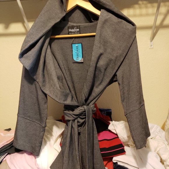 Grey Blazer Jacket with Tie-Waist and Hood- Unique Style - Picture 7 of 7